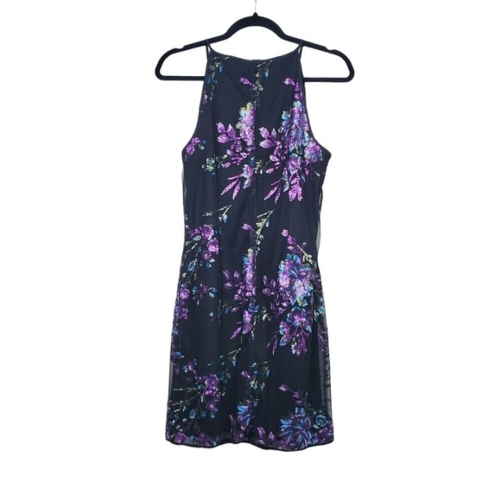 White House Black Market Black Purple Embellished Sequin Mini Shift Dress Size 4 - Picture 5 of 7